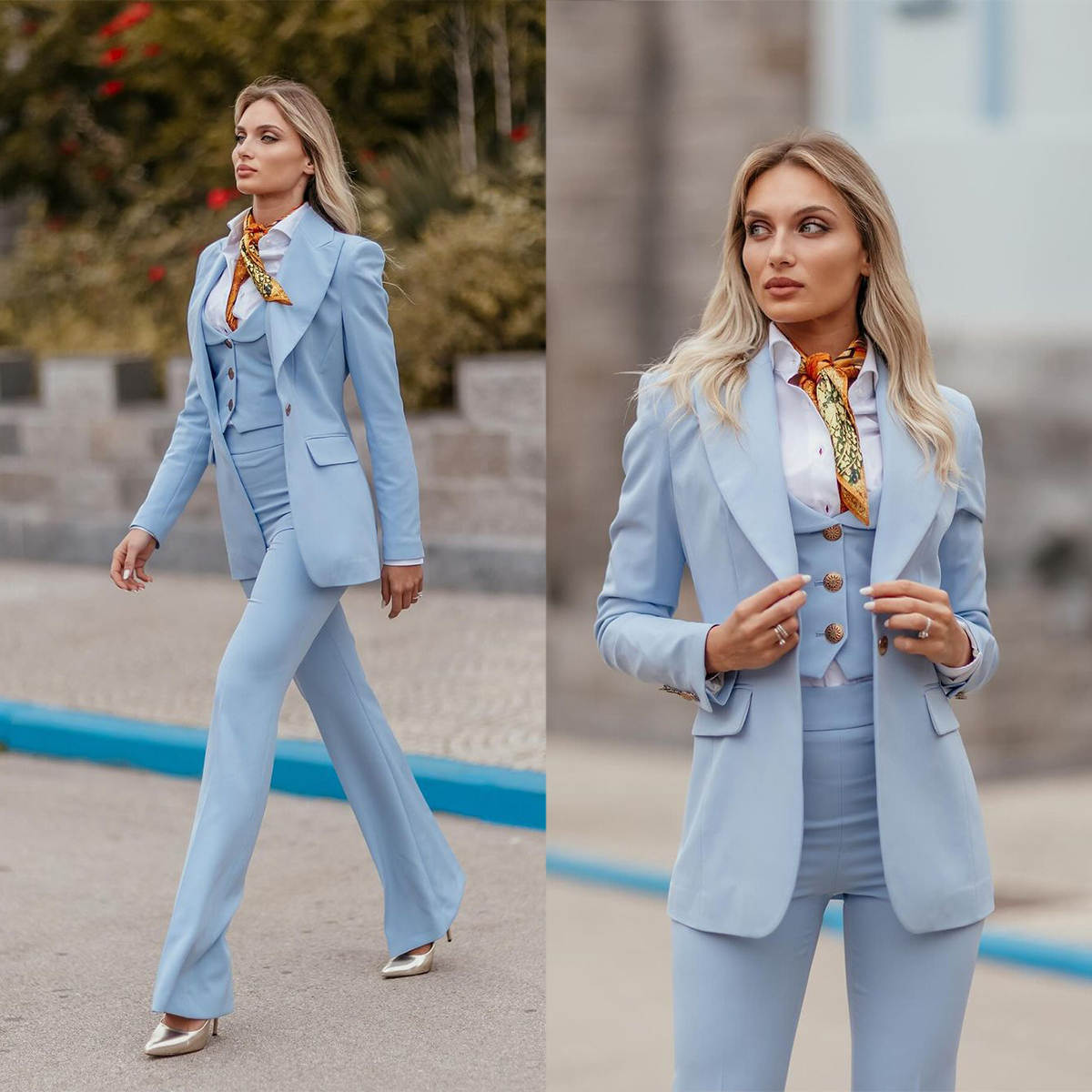 Women Formal Party Wear Dress - Conjuntos Formais Femininos Azul Céu com