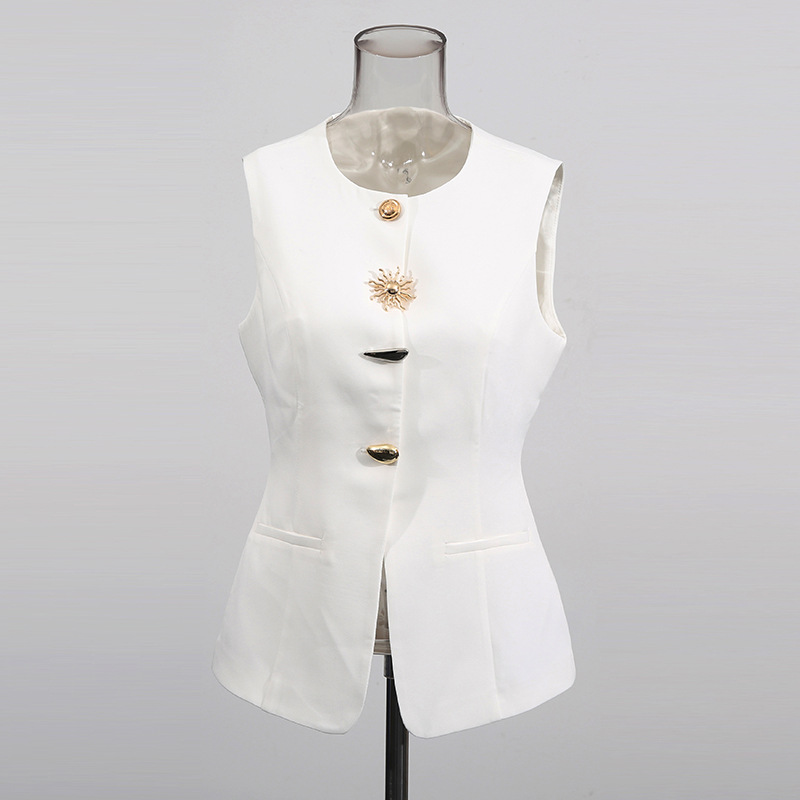 Women Formal Wear Vest - Branco o-pescoço colete dourado botão especial